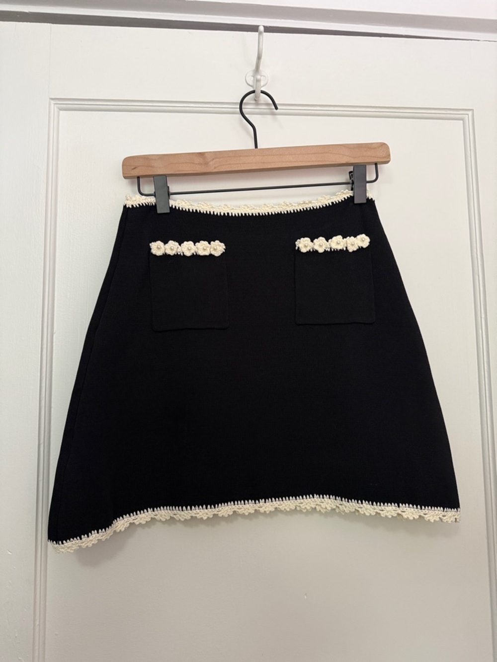 Sandro Black A-Line Skirt with Cream Crochet Trim